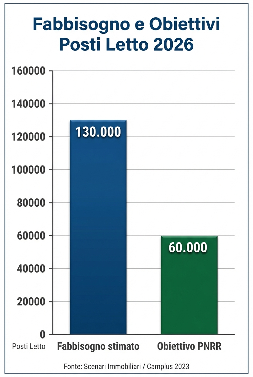 Grafico: fabbisogno stimato e obiettivo PNRR dei posti letto per studenti entro il 2026