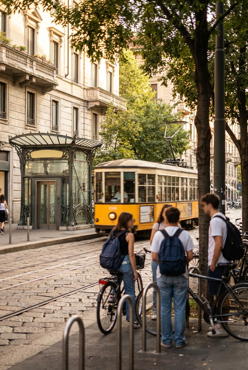 Strada a Milano vicino a un campus universitario, con tram e studenti