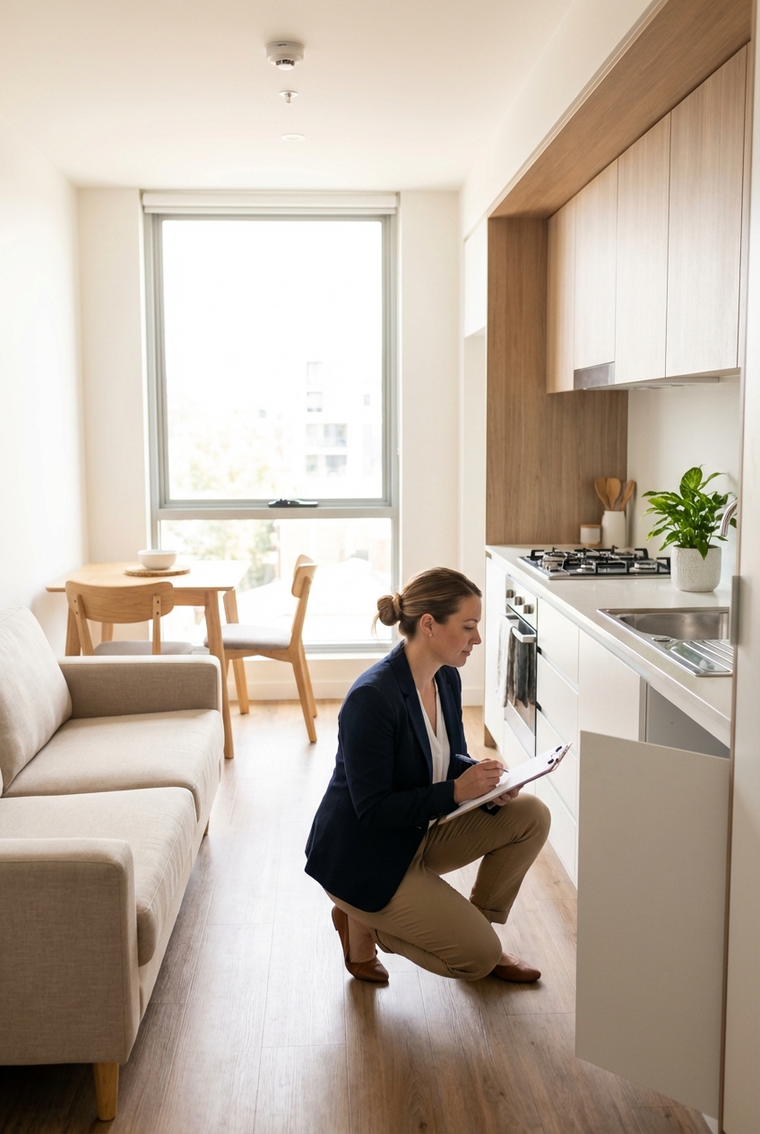 Property manager durante un sopralluogo in un appartamento condiviso per studenti