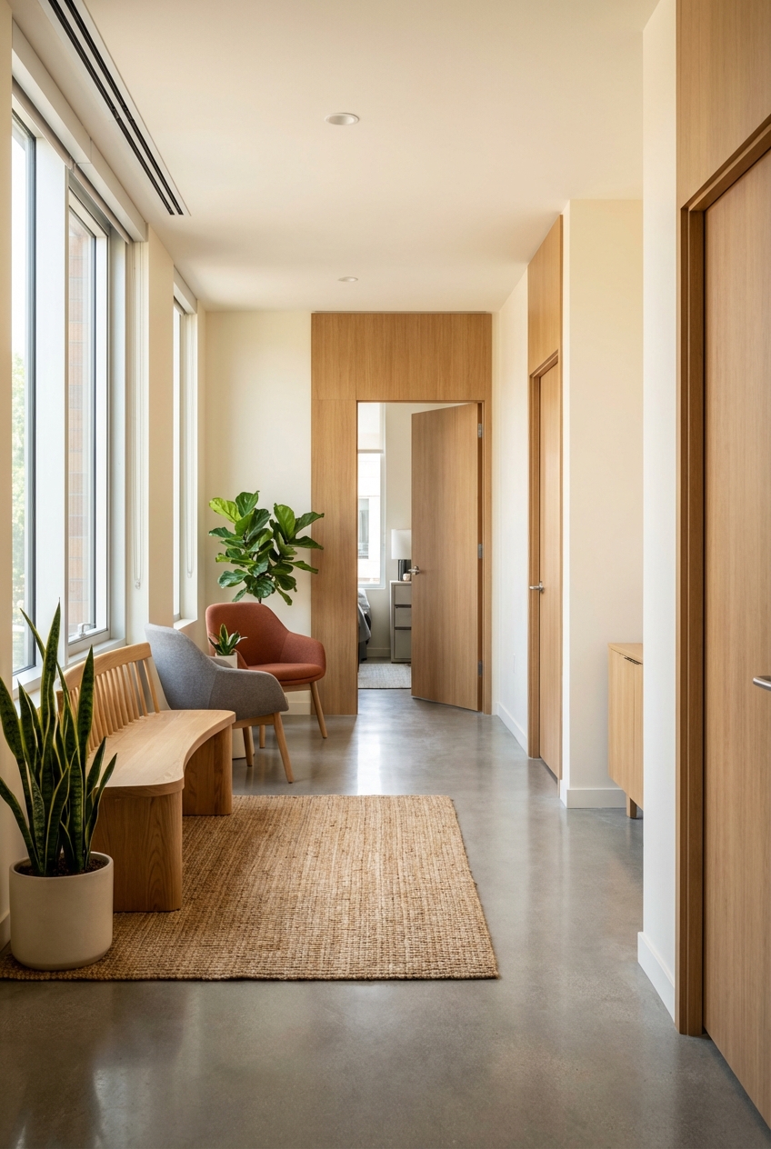 Corridoio di una residenza universitaria moderna e ben illuminata