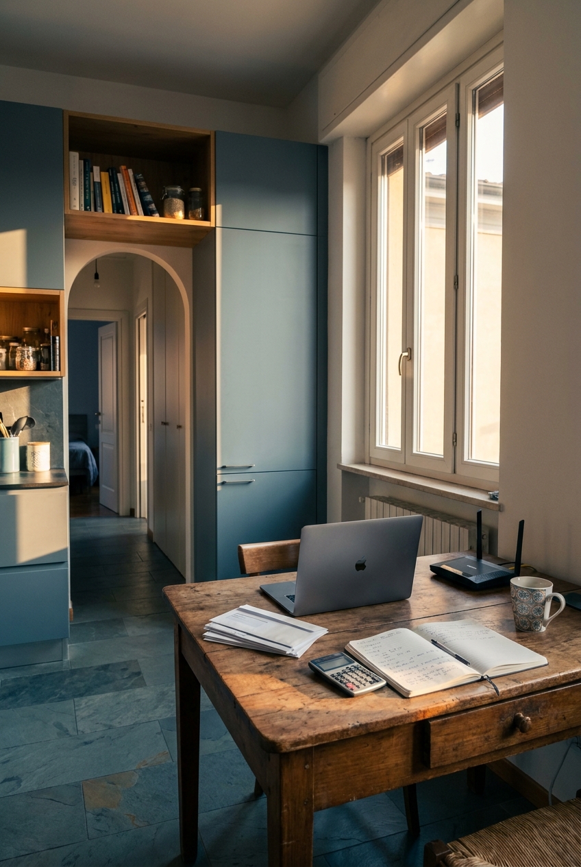Cucina studentesca con bollette e laptop