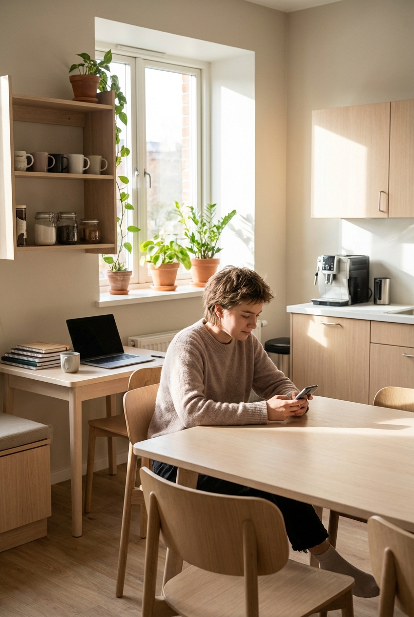 Studente che usa smartphone in cucina condivisa