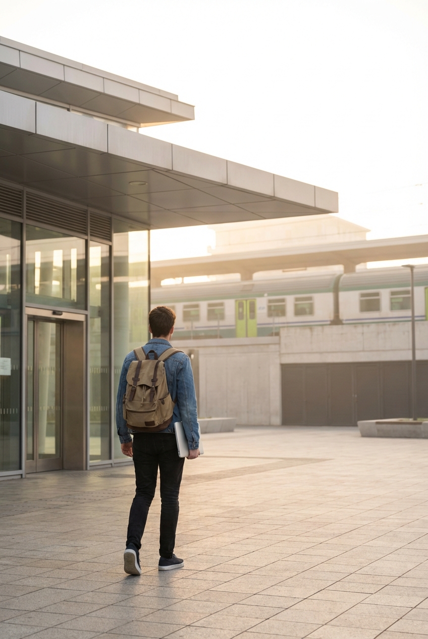 Studente in cammino verso una stazione moderna in Lombardia