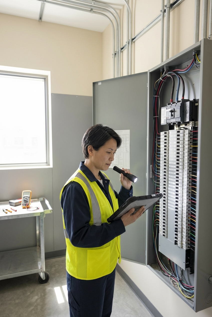 Tecnico di facility management durante un’ispezione in locale tecnico