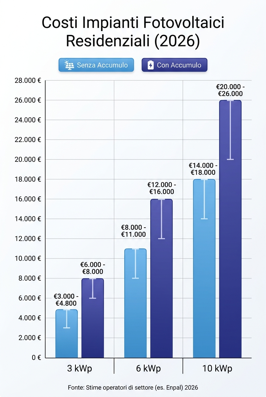 Infografica: costi indicativi di impianti fotovoltaici residenziali nel 2026