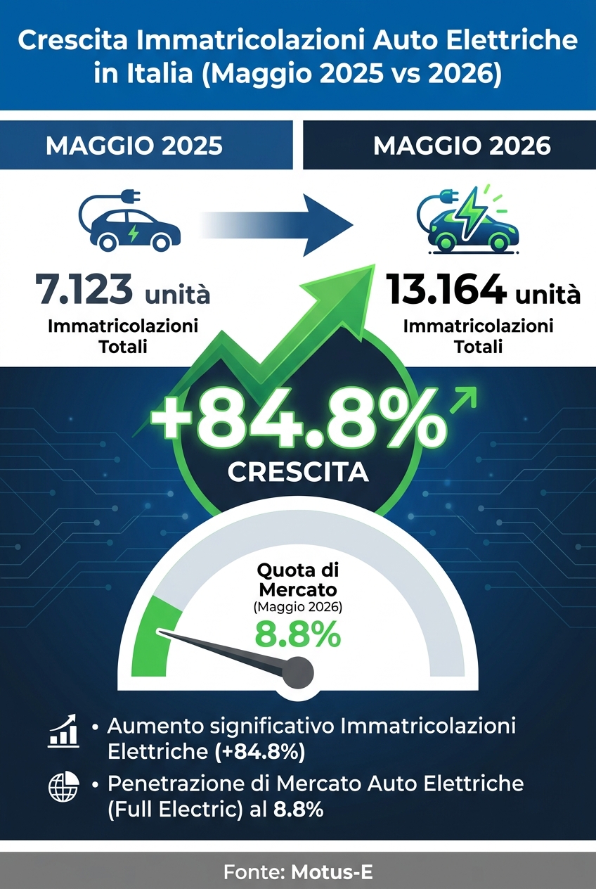 Infografica: crescita immatricolazioni auto elettriche in Italia (maggio 2025 vs maggio 2026)