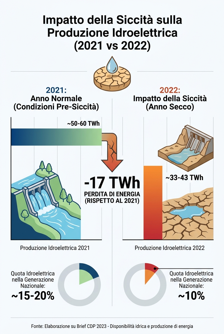 Infografica: impatto della siccità sulla produzione idroelettrica (2021 vs 2022)