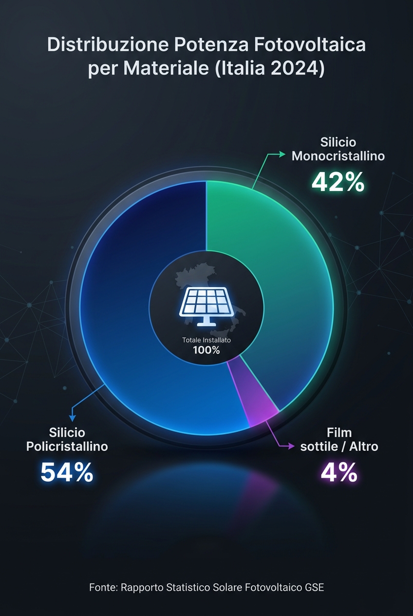 Distribuzione della potenza fotovoltaica per materiale in Italia (2024)