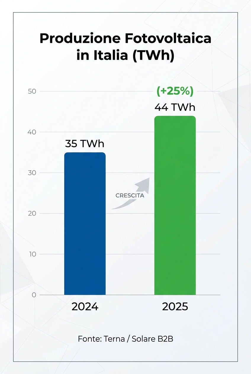 Grafico della produzione fotovoltaica in Italia nel 2024 e 2025