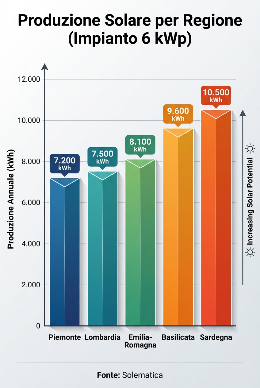 Produzione solare per regione (impianto da 6 kWp)
